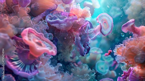 Capture the allure of underwater worlds with a mesmerizing worms-eye view Use a blend of watercolor techniques to infuse vibrant colors, creating a dreamy and immersive scene © Starkreal
