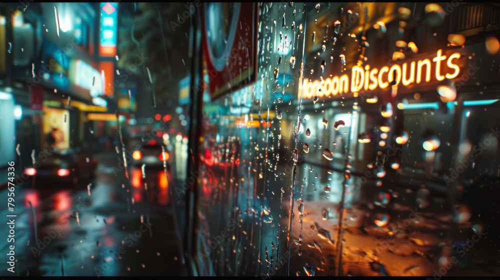 Rainy Day Shopping Street with Neon Sign Discounts