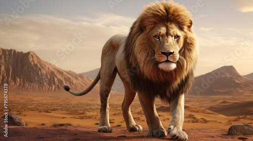 Capture the majestic lion from ground-level perspective  showcasing its power and grace in a unique robotic wildlife portrait using CG 3D rendering and natural lighting