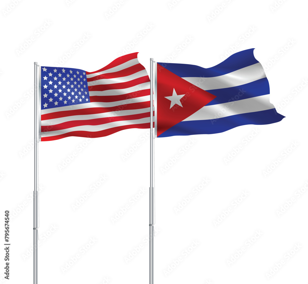 American and Cuban flags together.USA,Cuba flags on pole