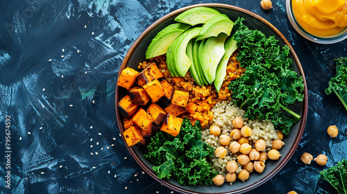 the beauty of a vegan Buddha bowl: a colorful assortment of ingredients such as quinoa, roasted sweet potatoes, avocado slices, chickpeas, and kale, arranged in a visually pattern on a ceramic plate