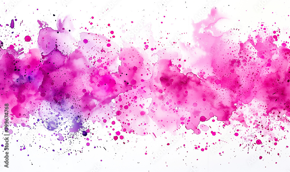 Pink watercolor paint splash blotch background with fringe bleed wash and bloom design, isolated blobs of purple paint on old vintage watercolor paper texture grain. Pastel banner for copy space