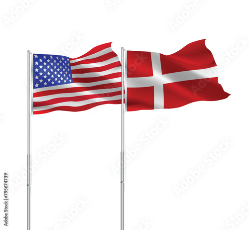 American and Danish flags together.USA,Denmark flags on pole