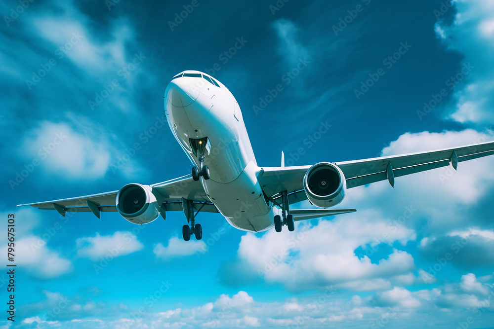 Obraz premium Civil airplane is flying above the day clouds, travel trip vacation