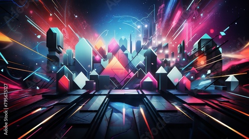 Infuse the energy of Futurism with rock n roll vibes in a futuristic street art mural Incorporate vibrant colors and sharp geometric shapes to reflect the pulsating rhythm of the city at night photo