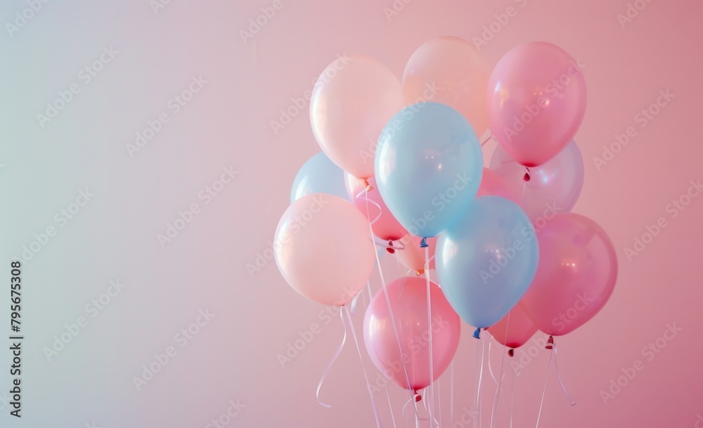 pastel-colored balloons floating in the air,   for a birthday party background. Web banner with copy space