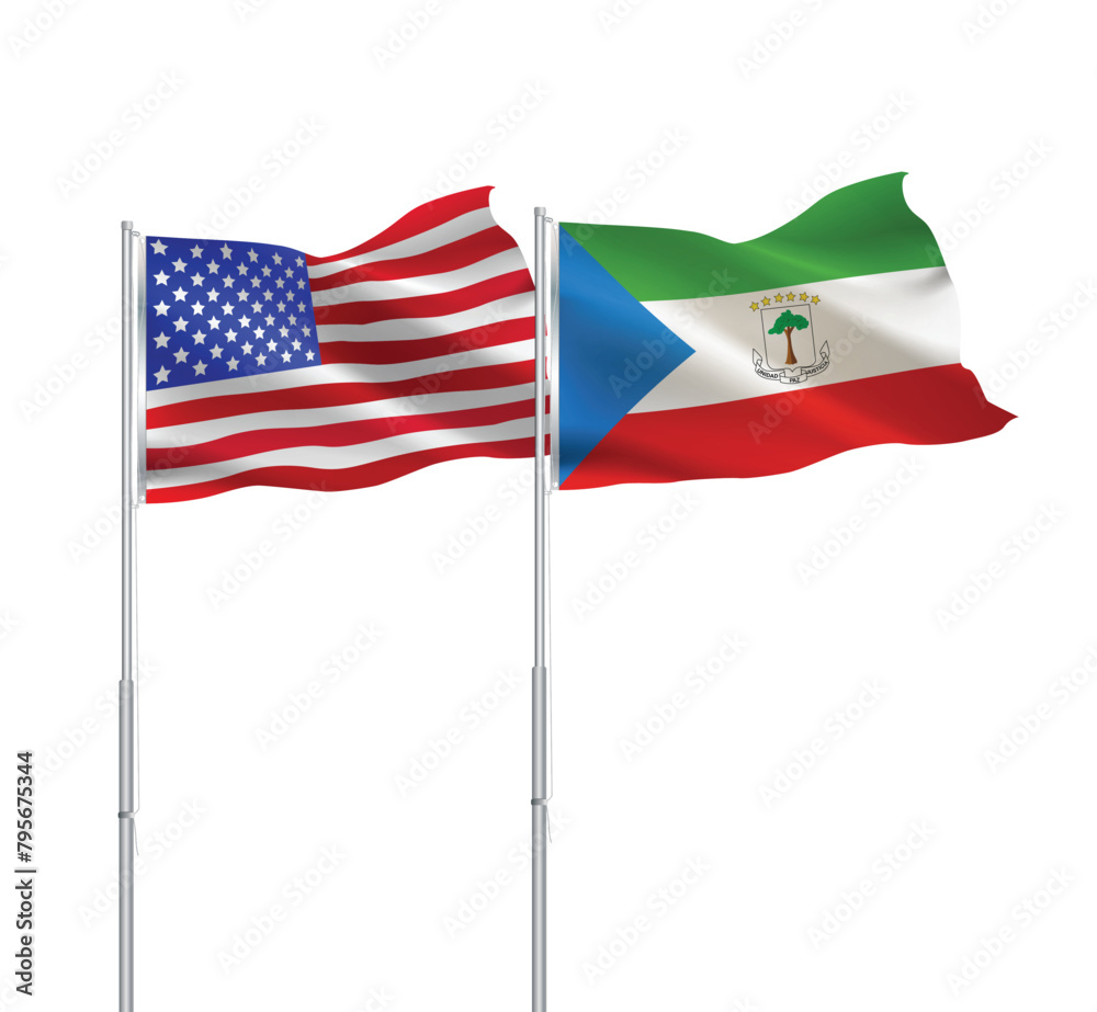 Fototapeta premium American and Equatorial Guinea flags together.USA,Equatorial Guinea flags on pole