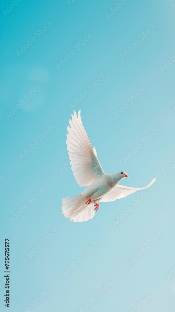 A white pigeon soars gracefully through the blue sky. Generative AI A white pigeon soars gracefully through the blue sky. Generative AI