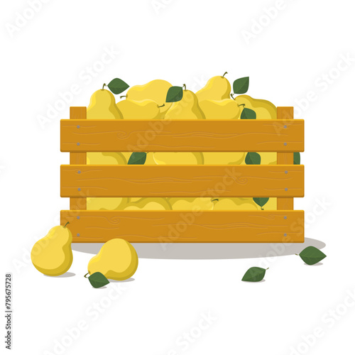 Wooden box set with fruits, Case with pear isolated on white background.