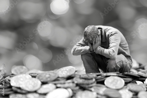 Miniature figure overwhelmed by coins, financial stress visualized. A figure amidst coins. Bankrupt man, insolvent, defaulte, bankruptcy concept, failure, insolvency photo