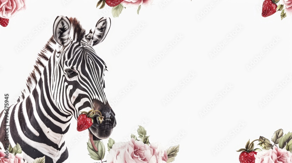 Fototapeta premium A zebra facing a white background, adorned with pink flowers near its nose, and pink roses only