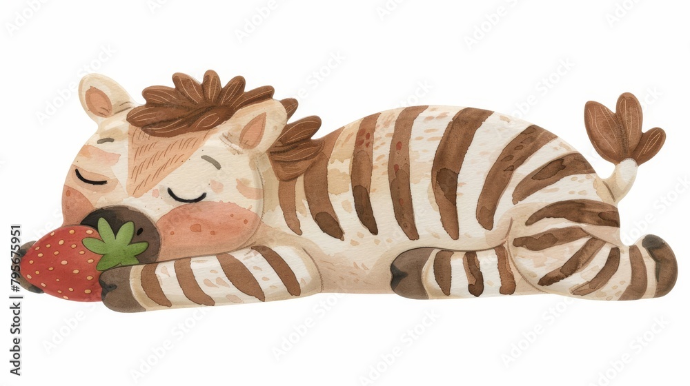Fototapeta premium A toy zebra lies on its side, holding a strawberry in its mouth, with closed eyes