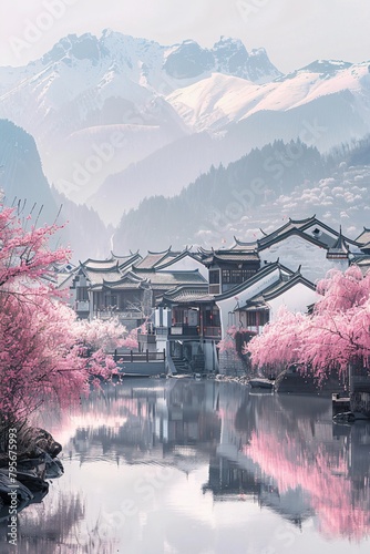 Chinese style garden landscape, peach blossom ancient architecture, beautiful wallpaper photo