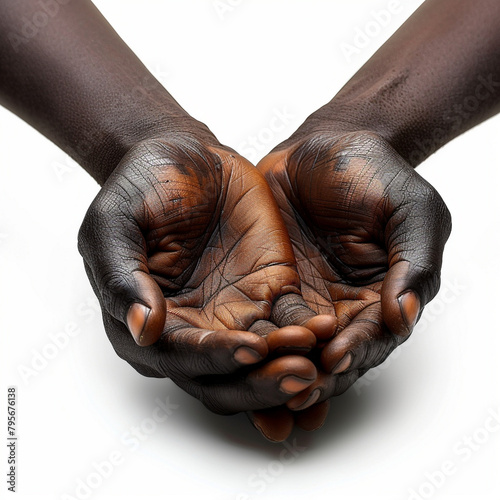 Cupped Hands Upturned, Black Hands, Pointing Forward, White Background