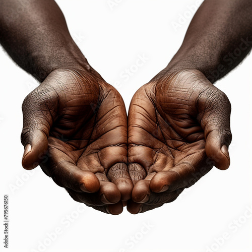Cupped Hands Upturned, Black Hands, Pointing Forward, White Background