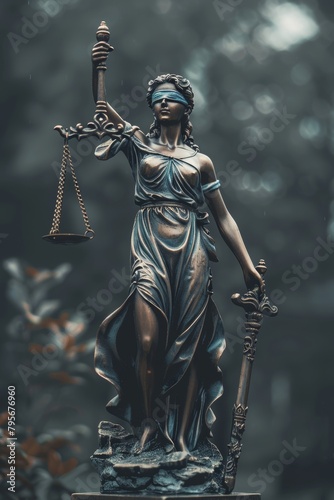 Statue of Lady Justice with scales against bokeh background. Themis statue as a symbol of law and fairness in society. Bankruptcy concept, failure, insolvency, law