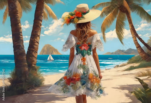 Woman in summer dress walking on sandy tropical beach. Paradise scene