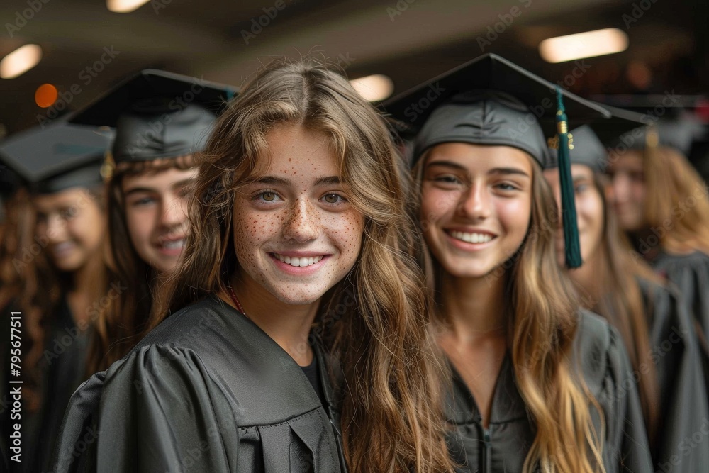 Fototapeta premium A group of young female students wearing graduation caps and gowns, with one in focus smiling at the camera