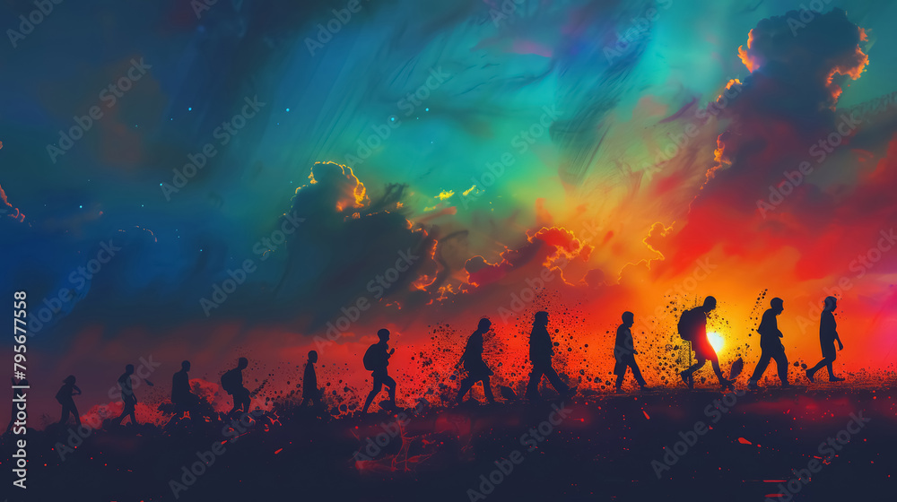 Silhouettes Walking to Horizon, Recovery Journey Silhouettes Walking to Horizon, Recovery Journey