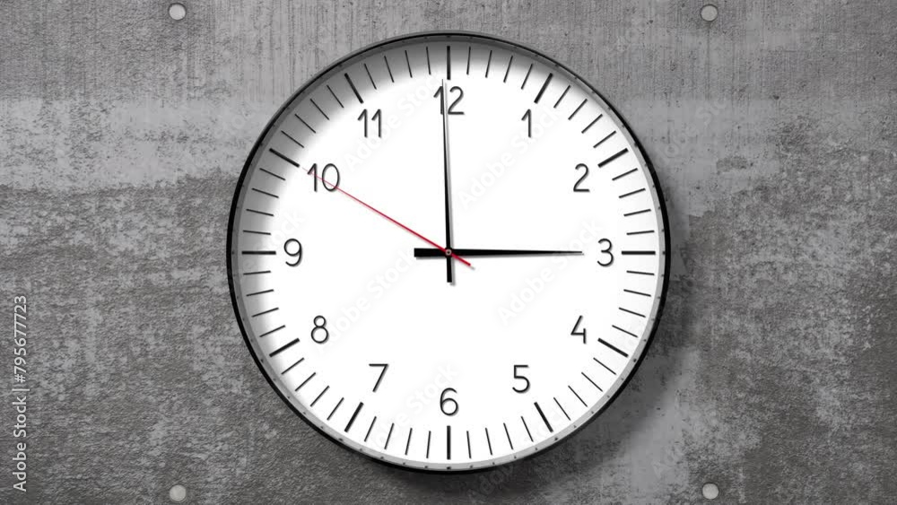Classic clock on concrete wall showing 3 o clock - 3D 4k animation (3840 x 2160 px) Classic clock on concrete wall showing 3 o clock - 3D 4k animation (3840 x 2160 px)