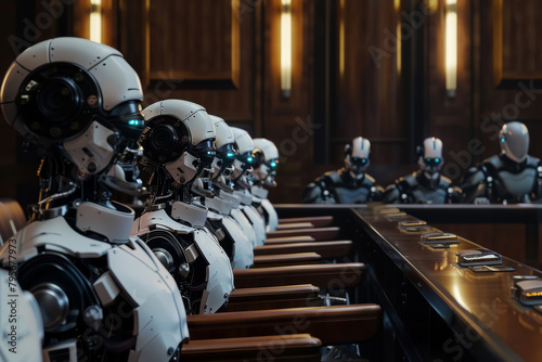 Dystopian Courtroom with Robotic Judge and Jury photo