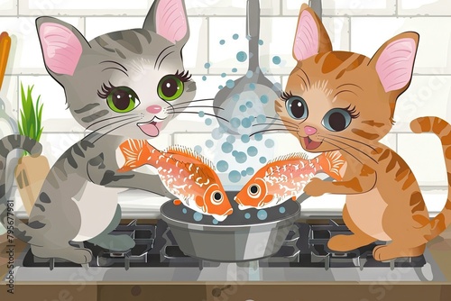 Two pretty cute cats cooking dinner at the kitchen