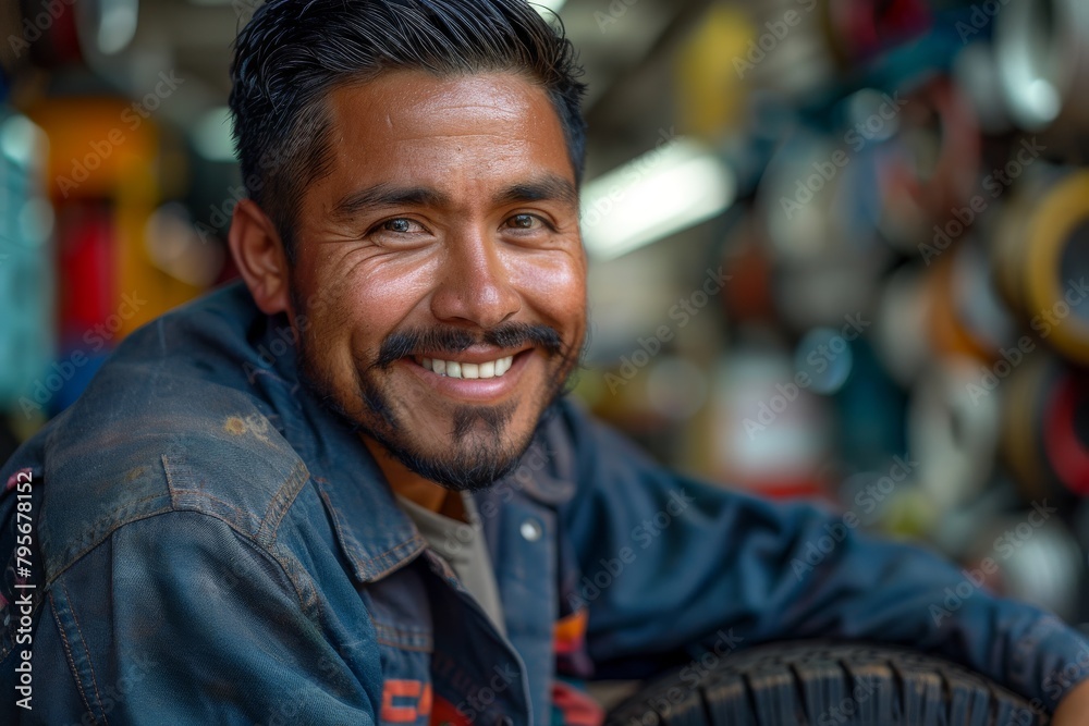 A male mechanic with a warm smile holds a tire, showcasing his expertise in an automotive workshop A male mechanic with a warm smile holds a tire, showcasing his expertise in an automotive workshop