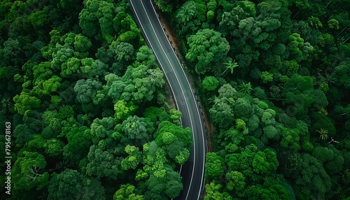 aerial view of beautiful winding highway road through dense green forest. ai generative © AriyaniAI