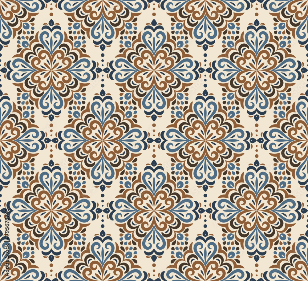 Colorful vintage seamless pattern with mandala elements. Oriental damask background for fabric, wallpaper, tile, wrapping. Islam, Arabic, Indian, ottoman motifs