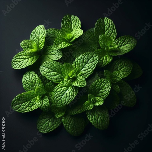  A close-up photograph of a cluster of fresh green mint leaves against a black background.