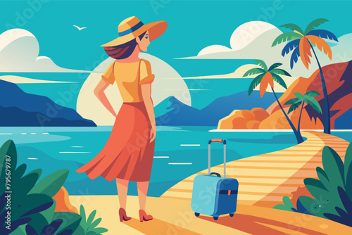 sea landscape woman in summer clothing with suitcase on vacation