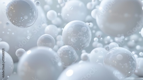 A photorealistic, highly detailed, background of perfectly formed, different sized, textured, white spheres, floating in a semi dark environment.