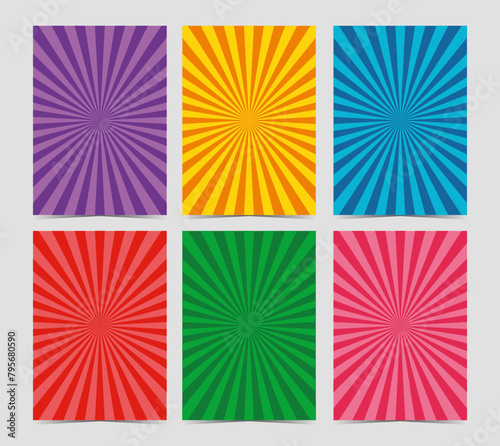 Set of 6 inspired vertical posters, different colors sunburst. Purple, yellow, blue, red, green, pink paper backgrounds for collages. Circus Background Templates