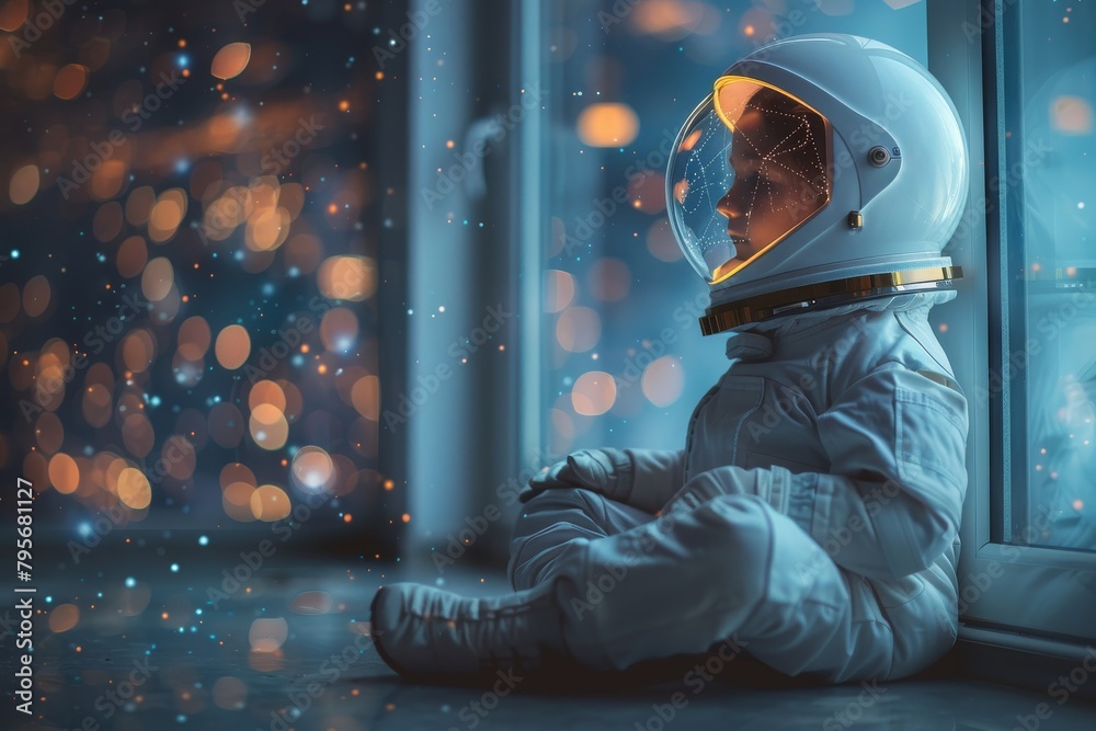 Obraz premium Dreamy image of a child in an astronaut suit, gazing out a window into a starry night sky
