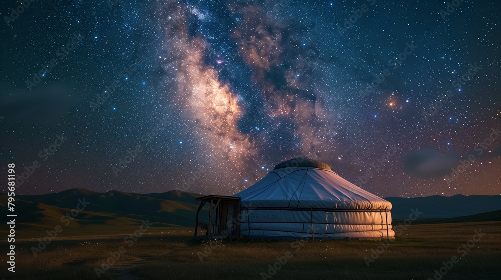 Traditional Mongolian Yurt Among Rolling Hills, Starry Sky, Authentic Nomadic Lifestyle