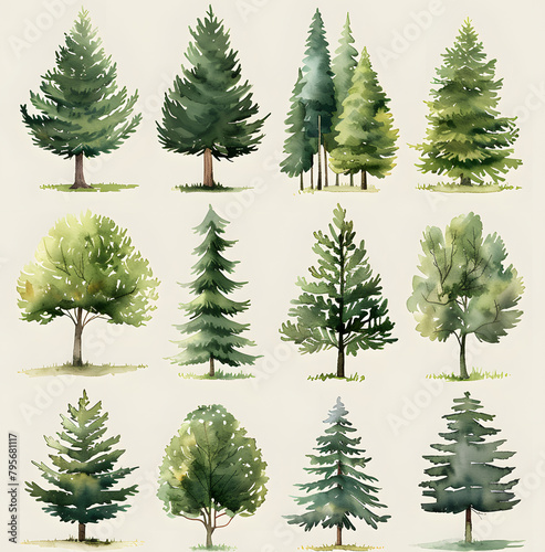 Photograph of various trees like Larch in a green and white natural environment photo