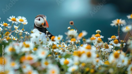 Atlantic Puffin, (Fratercula arctica) cliff top Hebidish Coas, Photo of a Puffin bird in Iceland, during the summer, beautiful nature with daisies with a blue sea and flowers, natural background. photo