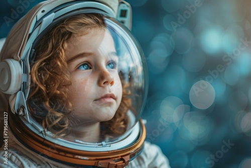A curly-haired child in a space helmet looks away with an expression full of dreams and wonder photo