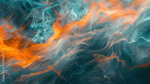 Aquatic fire wave synthesis, artfully blending fluid aqua tones with fiery orange waveforms, suggesting a surreal fusion of water and flame in motion