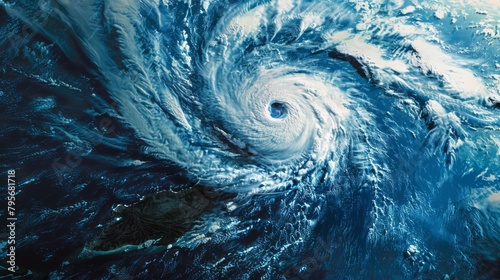 Satellite image capturing the detailed structure of a cyclone over the ocean with intricate cloud patterns photo