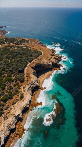 The ocean is blue and the shore is rocky on the coast of Conil, Spain. photo