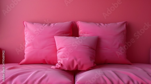   A tight shot of a bed with pink linens – sheets and pillows – against a pink wall Nearby, a window lets in daylight