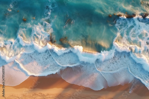 Aerial view of beach with waves and sand