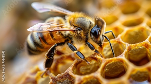 Honey bee meticulously working on the waxy cells of a golden honeycomb, a detailed macro photograph © mikeosphoto