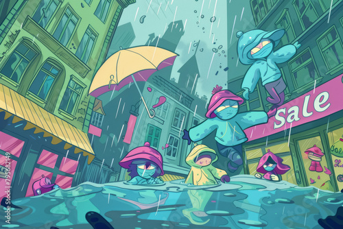 Cartoon Rainy Cityscape with Sale Theme.