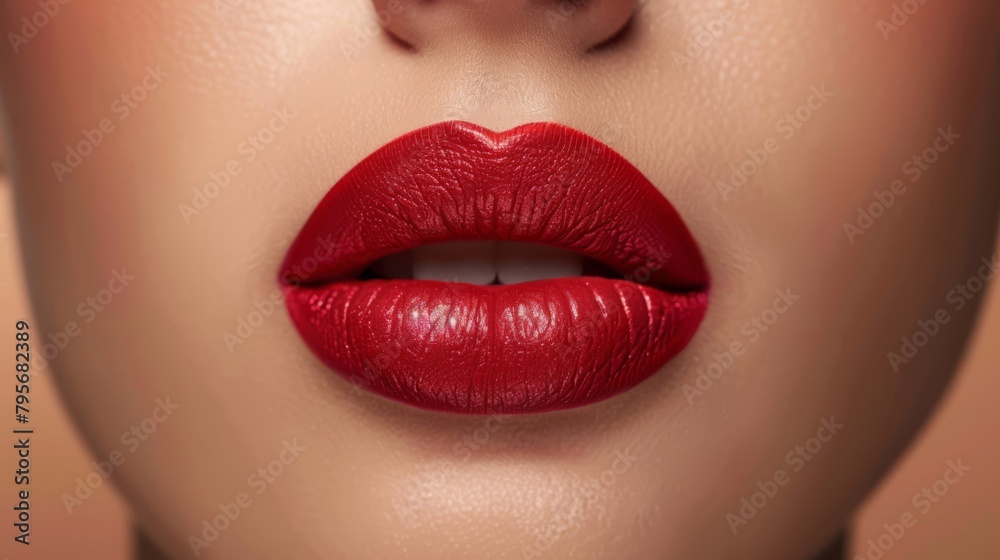 A close-up view of impeccably applied matte red lipstick, emphasizing the detailed texture and contours of the lips A close-up view of impeccably applied matte red lipstick, emphasizing the detailed texture and contours of the lips