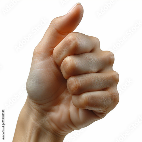 Coma Female Hand Pointing Thumb Up, White Background