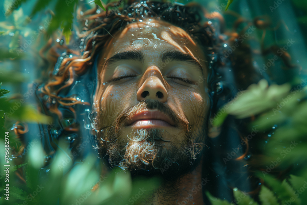 Fototapeta premium Serene moment amongst cannabis leaves, face of a man in the water, hallucinating, stoned concept