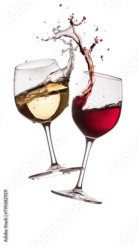 Red and White Wine Glasses Toasting with Splash - Isolated on White Transparent Background, PNG
