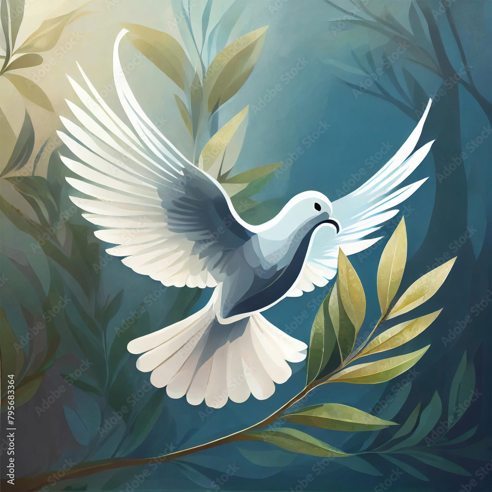 Obraz premium Flying peace dove with olive branch logo symbol, illustration.